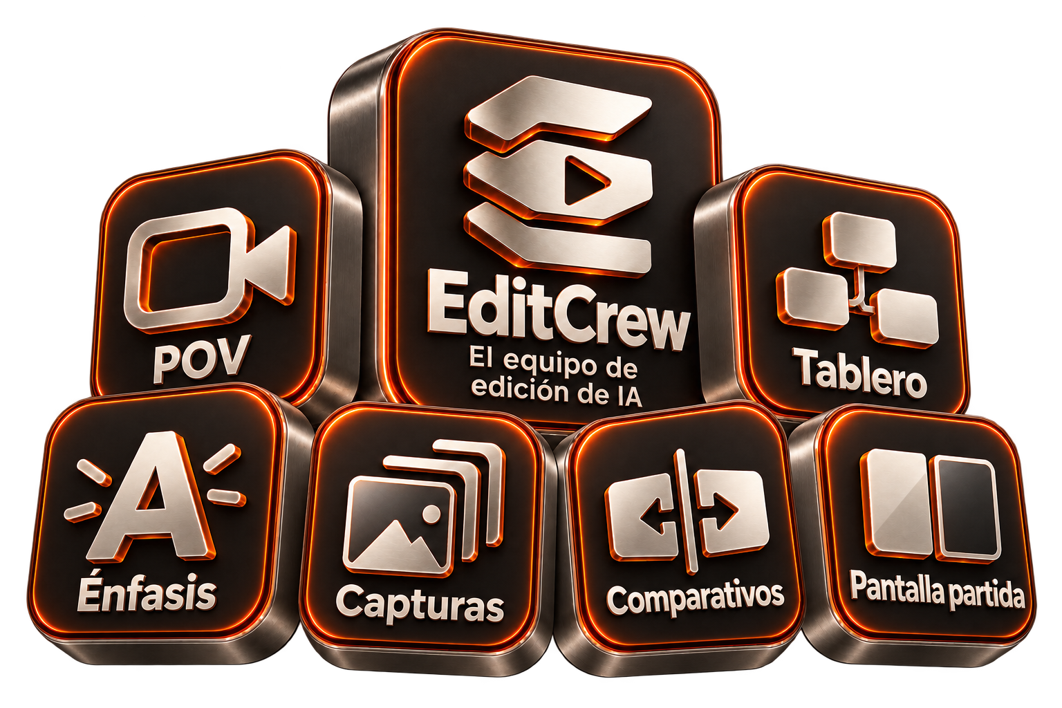 Equipo EditCrew con sus estilos visuales en negro cálido y naranja